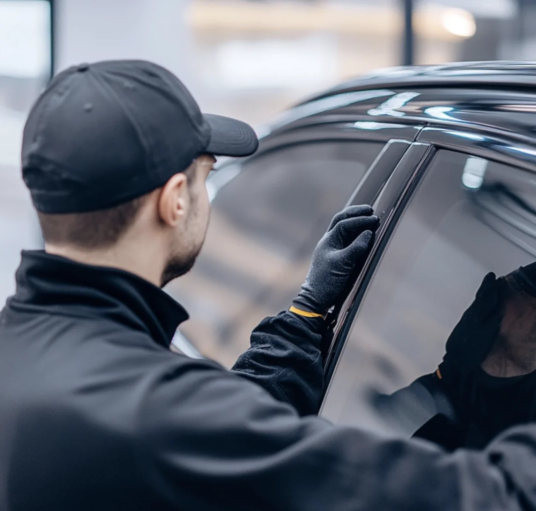 Pro installer applying window film at 10itup Tints and Wraps